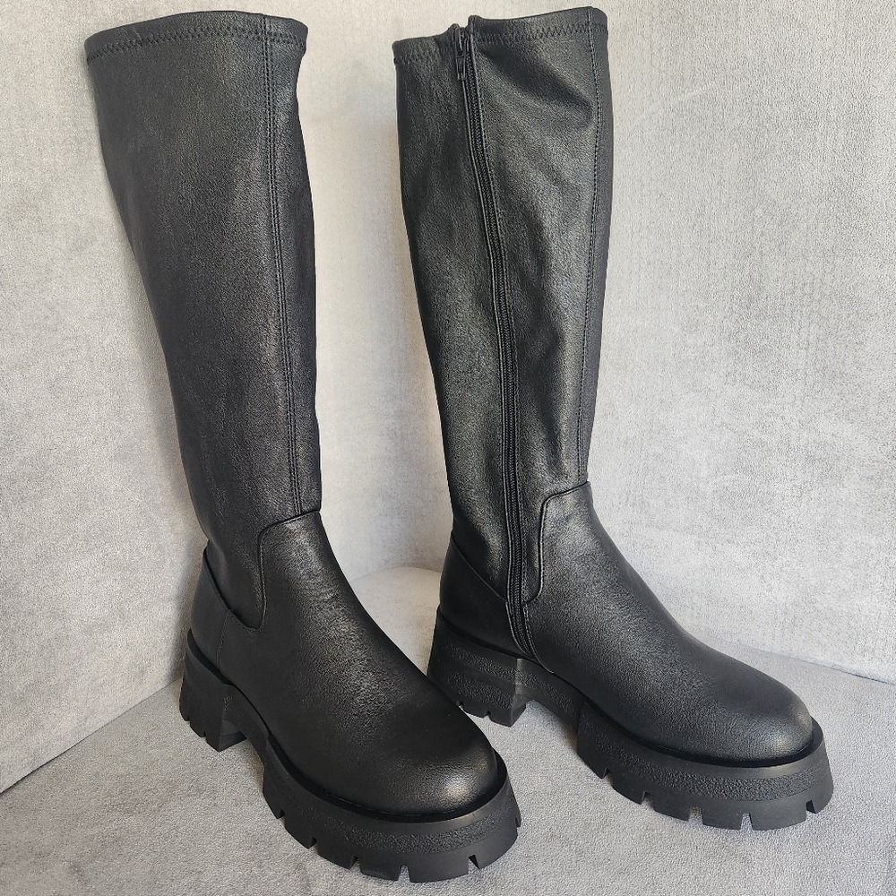 Steve Madden chunky boots 11 black glossy Romano stretch knee high lug new $160
